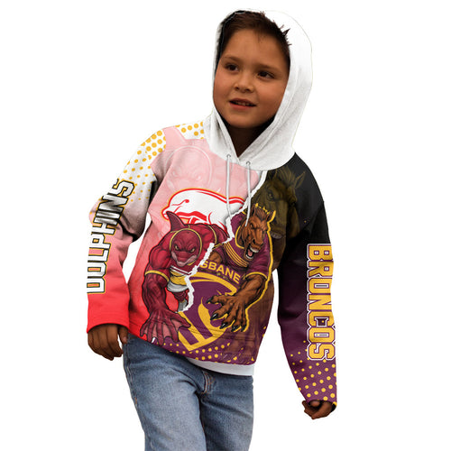 Personalized Brisbane Broncos vs Dolphins Kid Hoodie Rivalry Dynamic Sports Rugby Mascot Graphic Art
