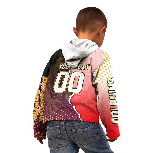 Personalized Brisbane Broncos vs Dolphins Kid Hoodie Rivalry Dynamic Sports Rugby Mascot Graphic Art