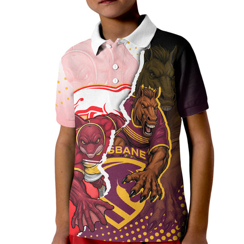 Personalized Brisbane Broncos vs Dolphins Kid Polo Shirt Rivalry Dynamic Sports Rugby Mascot Graphic Art