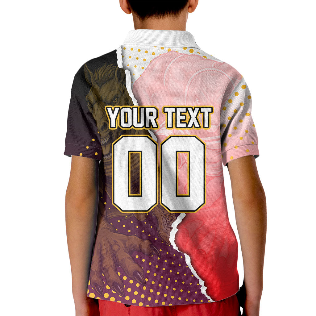 Personalized Brisbane Broncos vs Dolphins Kid Polo Shirt Rivalry Dynamic Sports Rugby Mascot Graphic Art