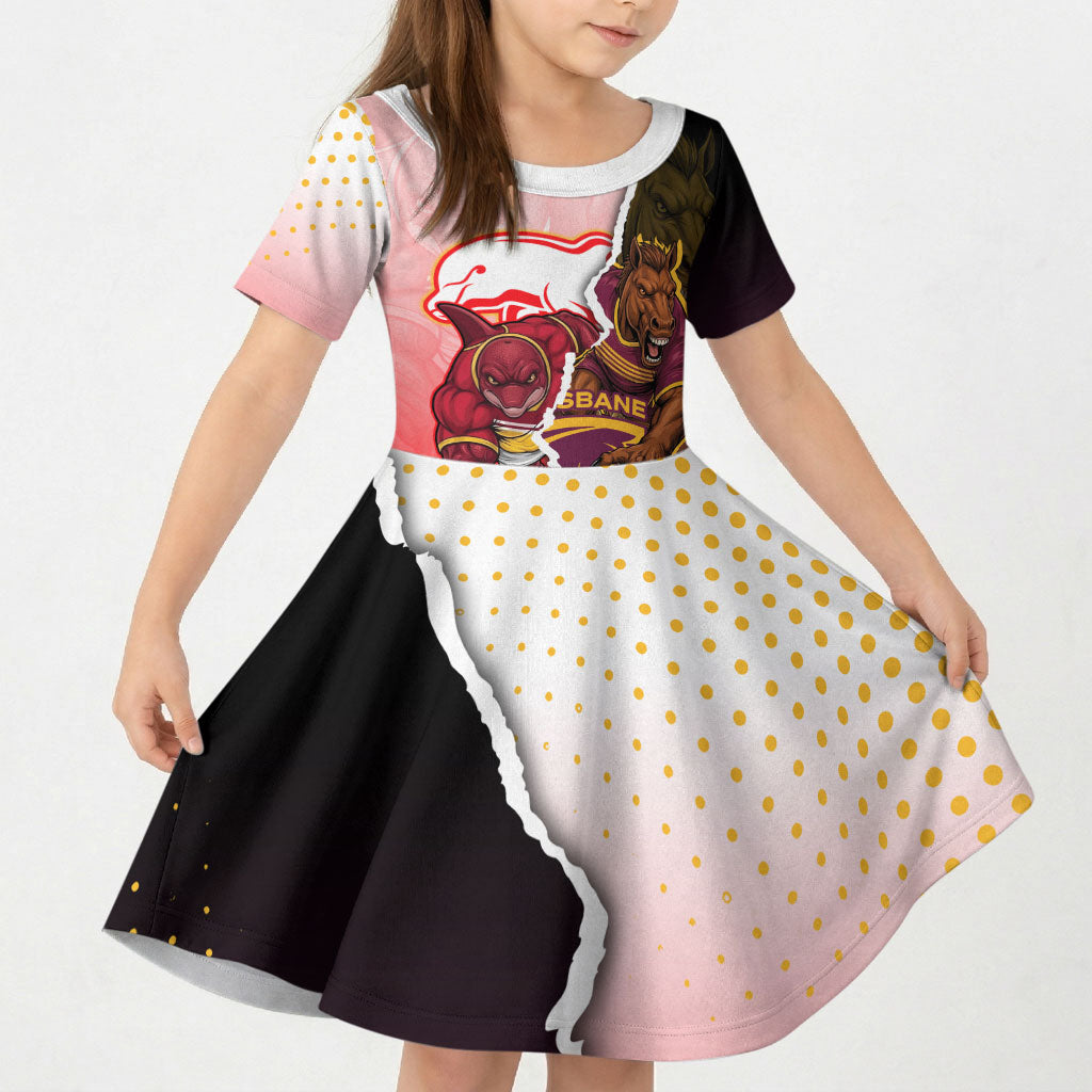 Personalized Brisbane Broncos vs Dolphins Kid Short Sleeve Dress Rivalry Dynamic Sports Rugby Mascot Graphic Art