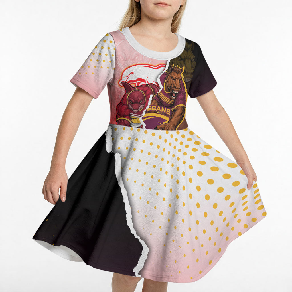 Personalized Brisbane Broncos vs Dolphins Kid Short Sleeve Dress Rivalry Dynamic Sports Rugby Mascot Graphic Art