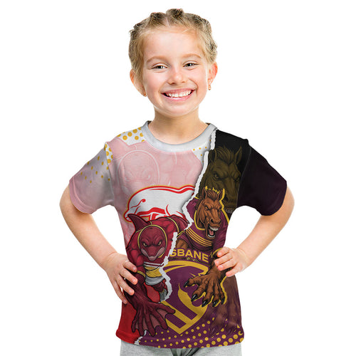 Personalized Brisbane Broncos vs Dolphins Kid T Shirt Rivalry Dynamic Sports Rugby Mascot Graphic Art