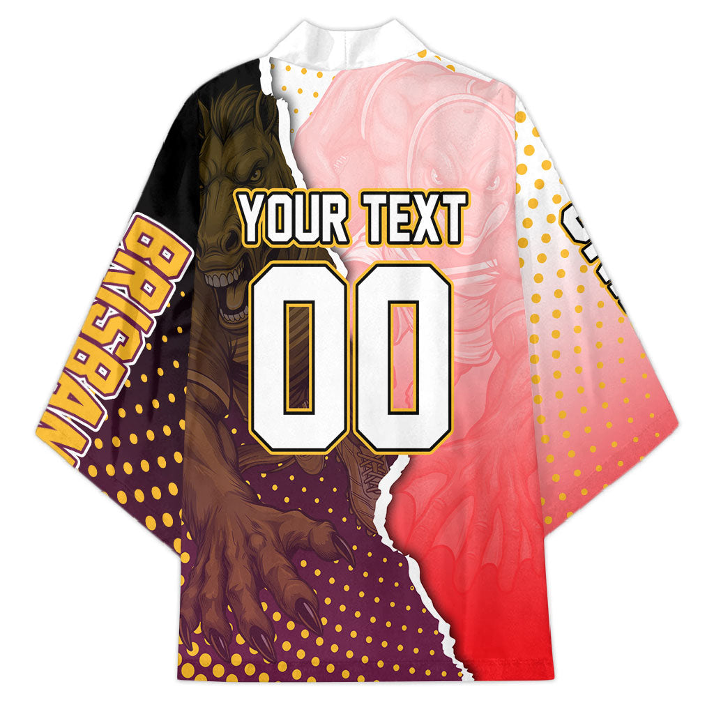 Personalized Brisbane Broncos vs Dolphins Kimono Rivalry Dynamic Sports Rugby Mascot Graphic Art