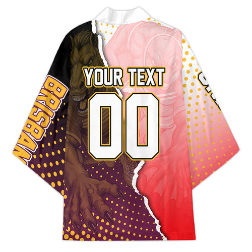 Personalized Brisbane Broncos vs Dolphins Kimono Rivalry Dynamic Sports Rugby Mascot Graphic Art