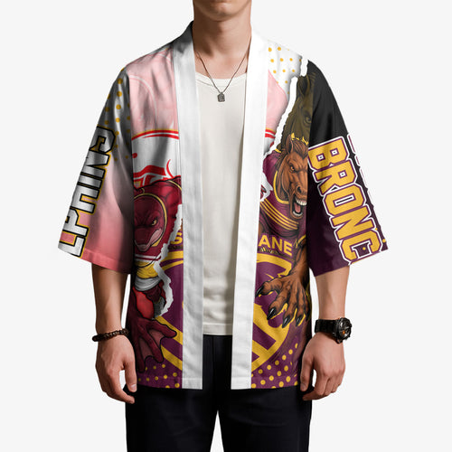Personalized Brisbane Broncos vs Dolphins Kimono Rivalry Dynamic Sports Rugby Mascot Graphic Art
