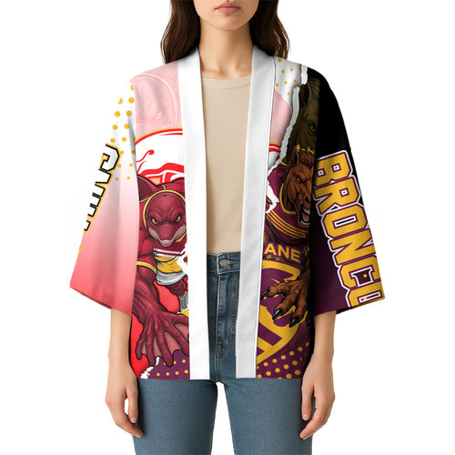 Personalized Brisbane Broncos vs Dolphins Kimono Rivalry Dynamic Sports Rugby Mascot Graphic Art