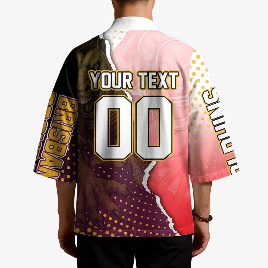 Personalized Brisbane Broncos vs Dolphins Kimono Rivalry Dynamic Sports Rugby Mascot Graphic Art