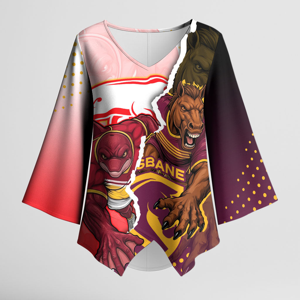 Personalized Brisbane Broncos vs Dolphins Kimono Sleeve Blouse Rivalry Dynamic Sports Rugby Mascot Graphic Art