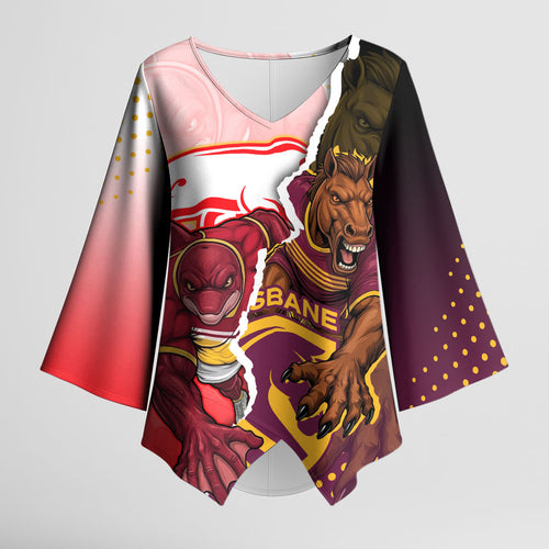 Personalized Brisbane Broncos vs Dolphins Kimono Sleeve Blouse Rivalry Dynamic Sports Rugby Mascot Graphic Art