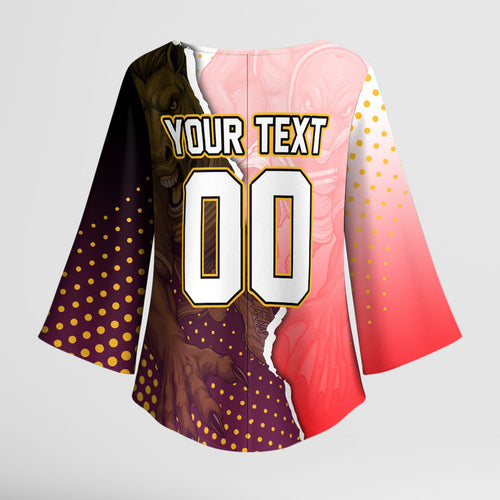 Personalized Brisbane Broncos vs Dolphins Kimono Sleeve Blouse Rivalry Dynamic Sports Rugby Mascot Graphic Art