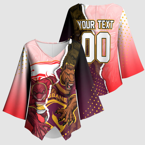 Personalized Brisbane Broncos vs Dolphins Kimono Sleeve Blouse Rivalry Dynamic Sports Rugby Mascot Graphic Art