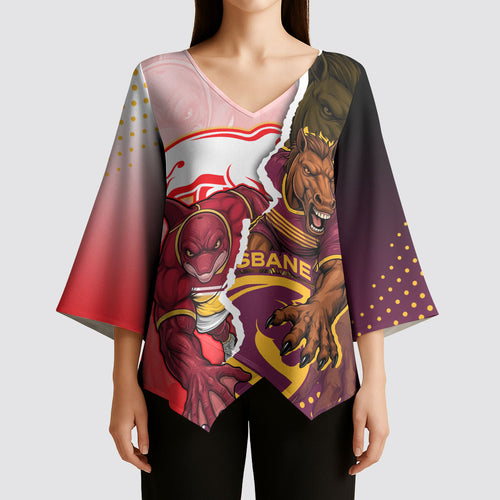 Personalized Brisbane Broncos vs Dolphins Kimono Sleeve Blouse Rivalry Dynamic Sports Rugby Mascot Graphic Art