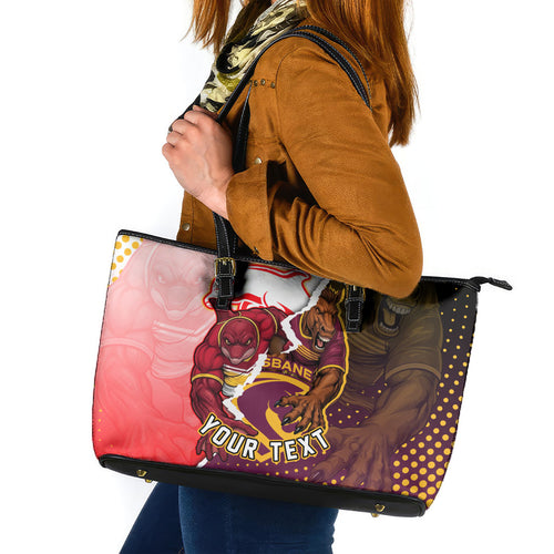 Personalized Brisbane Broncos vs Dolphins Leather Tote Bag Rivalry Dynamic Sports Rugby Mascot Graphic Art