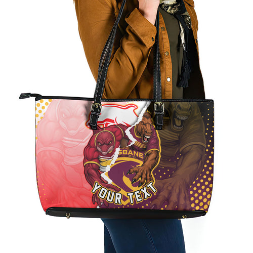 Personalized Brisbane Broncos vs Dolphins Leather Tote Bag Rivalry Dynamic Sports Rugby Mascot Graphic Art