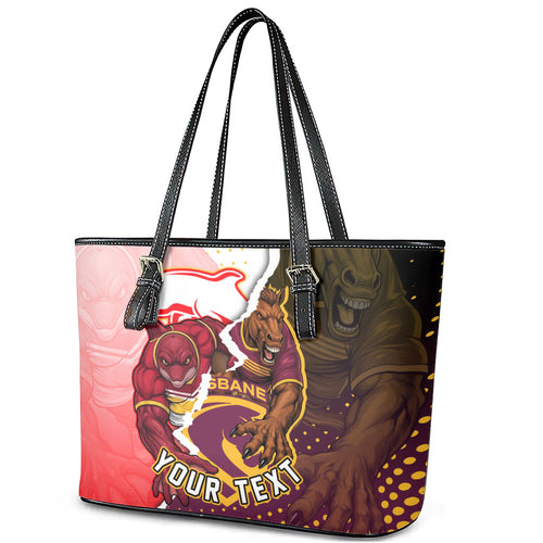 Personalized Brisbane Broncos vs Dolphins Leather Tote Bag Rivalry Dynamic Sports Rugby Mascot Graphic Art