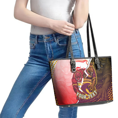 Personalized Brisbane Broncos vs Dolphins Leather Tote Bag Rivalry Dynamic Sports Rugby Mascot Graphic Art