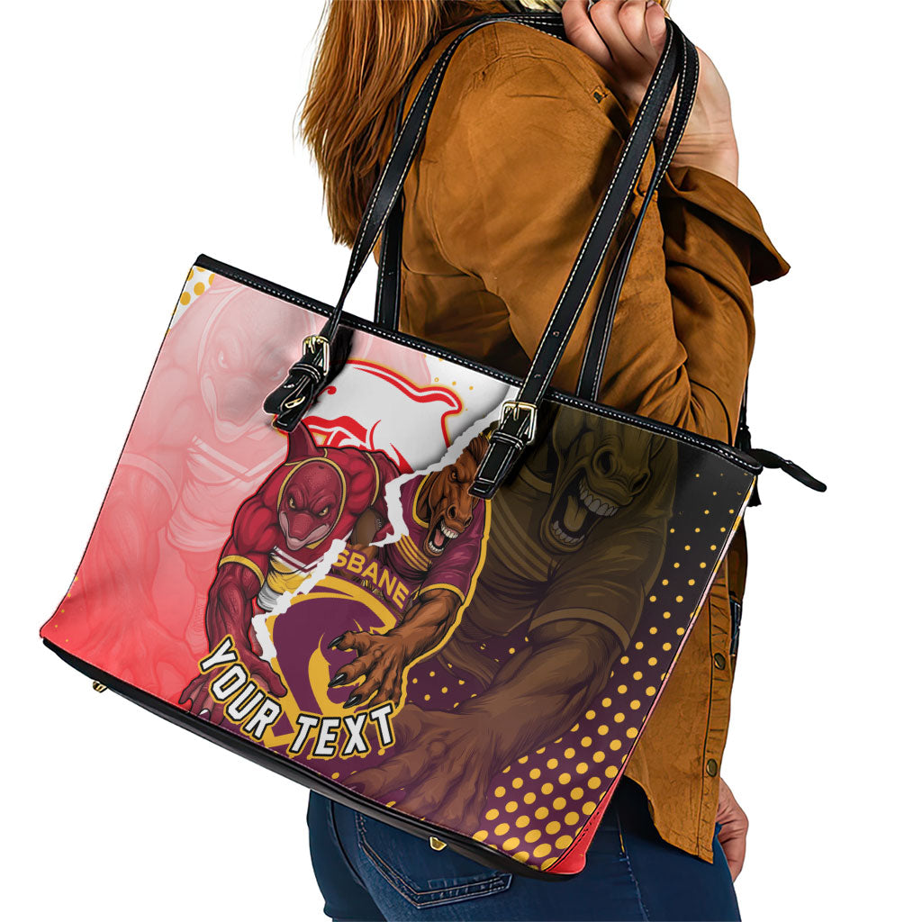 Personalized Brisbane Broncos vs Dolphins Leather Tote Bag Rivalry Dynamic Sports Rugby Mascot Graphic Art