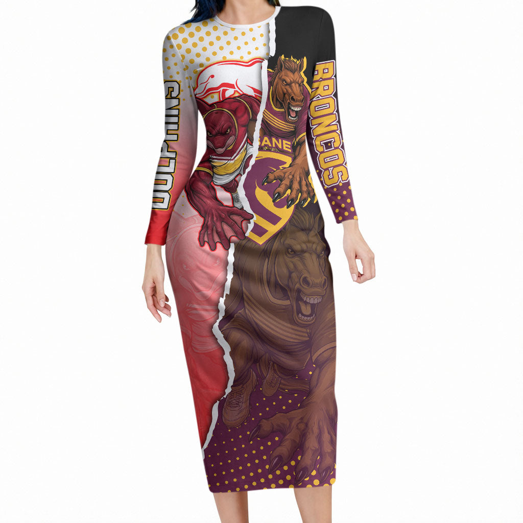 Personalized Brisbane Broncos vs Dolphins Long Sleeve Bodycon Dress Rivalry Dynamic Sports Rugby Mascot Graphic Art