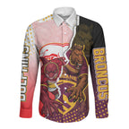 Personalized Brisbane Broncos vs Dolphins Long Sleeve Button Shirt Rivalry Dynamic Sports Rugby Mascot Graphic Art