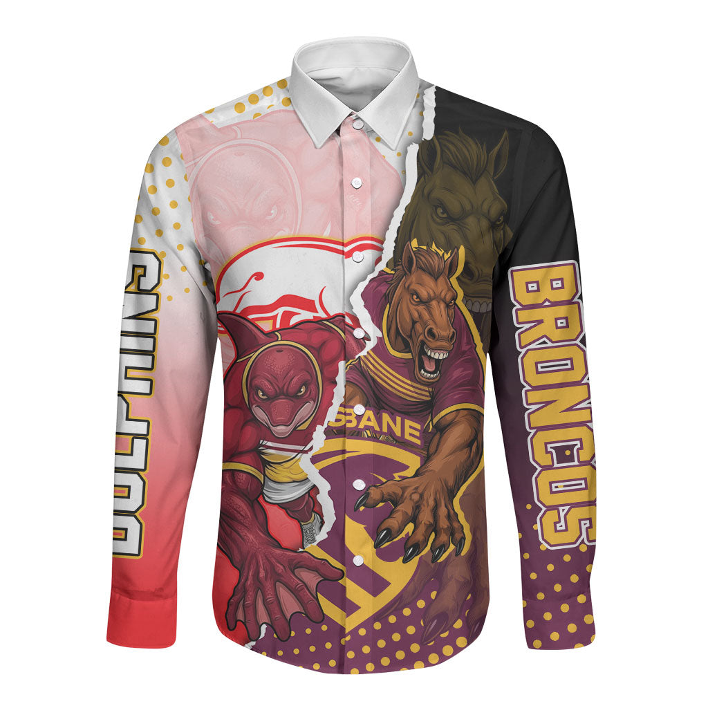 Personalized Brisbane Broncos vs Dolphins Long Sleeve Button Shirt Rivalry Dynamic Sports Rugby Mascot Graphic Art