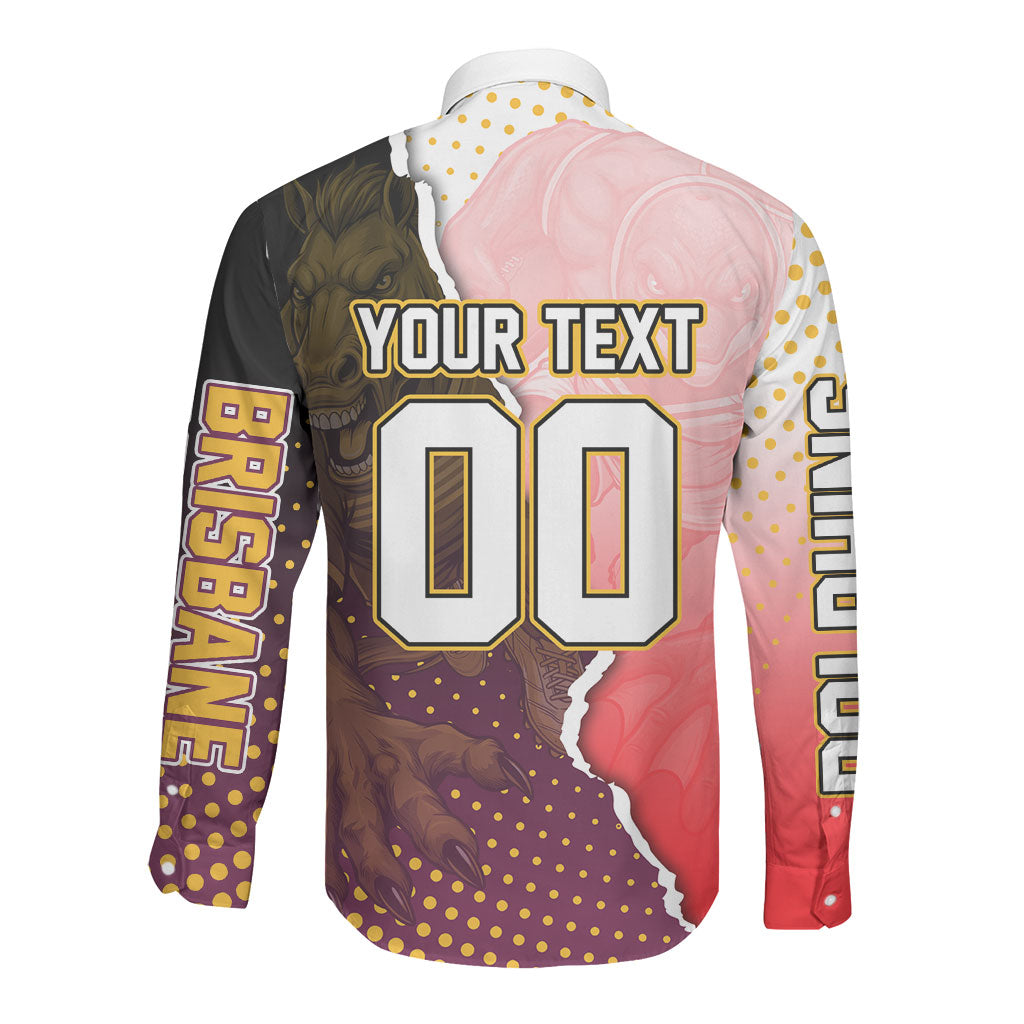 Personalized Brisbane Broncos vs Dolphins Long Sleeve Button Shirt Rivalry Dynamic Sports Rugby Mascot Graphic Art