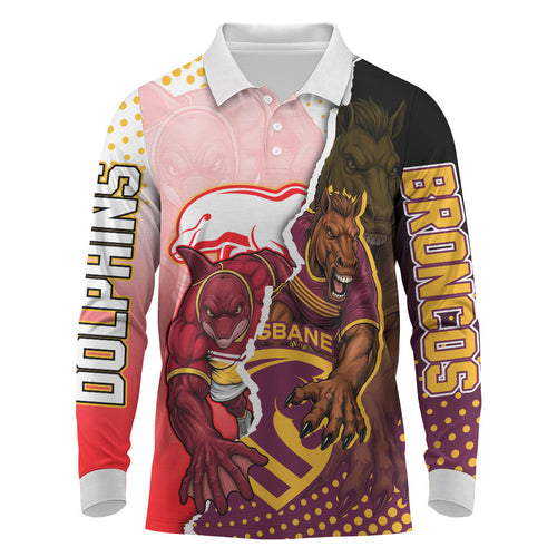 Personalized Brisbane Broncos vs Dolphins Long Sleeve Polo Shirt Rivalry Dynamic Sports Rugby Mascot Graphic Art