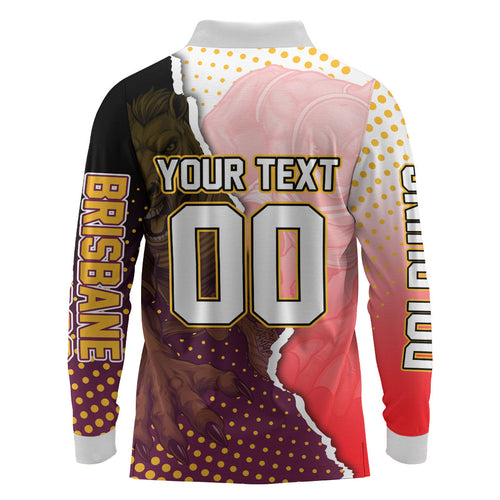 Personalized Brisbane Broncos vs Dolphins Long Sleeve Polo Shirt Rivalry Dynamic Sports Rugby Mascot Graphic Art