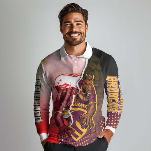 Personalized Brisbane Broncos vs Dolphins Long Sleeve Polo Shirt Rivalry Dynamic Sports Rugby Mascot Graphic Art