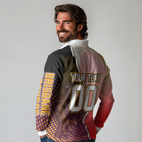 Personalized Brisbane Broncos vs Dolphins Long Sleeve Polo Shirt Rivalry Dynamic Sports Rugby Mascot Graphic Art