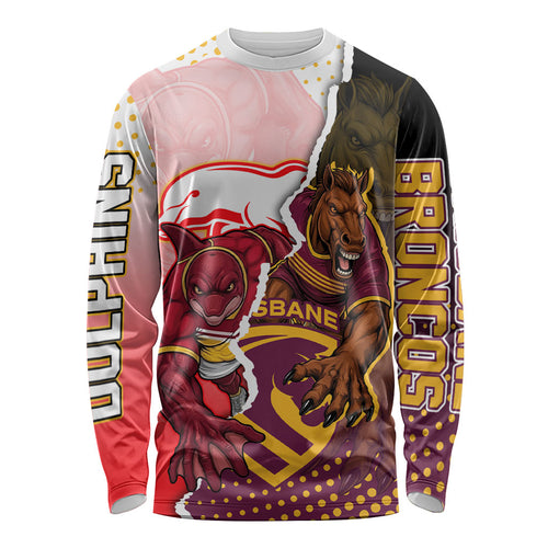 Personalized Brisbane Broncos vs Dolphins Long Sleeve Shirt Rivalry Dynamic Sports Rugby Mascot Graphic Art