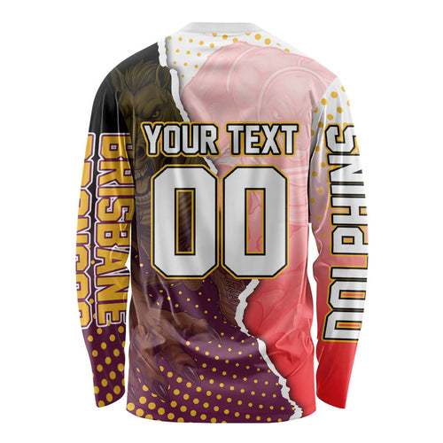 Personalized Brisbane Broncos vs Dolphins Long Sleeve Shirt Rivalry Dynamic Sports Rugby Mascot Graphic Art