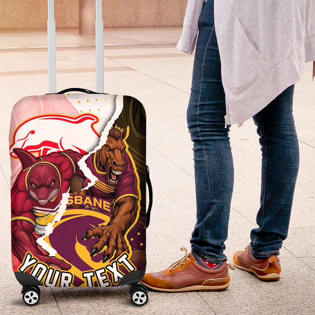 Personalized Brisbane Broncos vs Dolphins Luggage Cover Rivalry Dynamic Sports Rugby Mascot Graphic Art