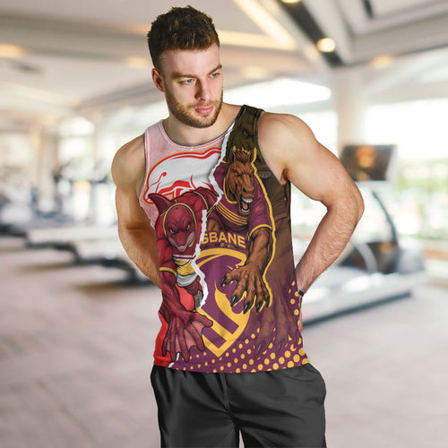 Personalized Brisbane Broncos vs Dolphins Men Tank Top Rivalry Dynamic Sports Rugby Mascot Graphic Art