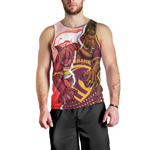 Personalized Brisbane Broncos vs Dolphins Men Tank Top Rivalry Dynamic Sports Rugby Mascot Graphic Art
