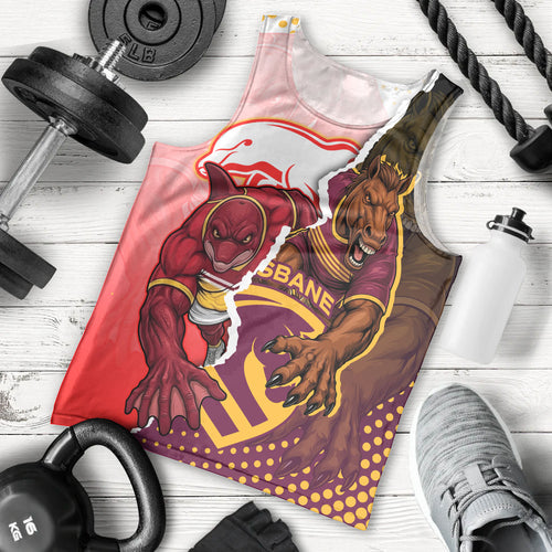 Personalized Brisbane Broncos vs Dolphins Men Tank Top Rivalry Dynamic Sports Rugby Mascot Graphic Art