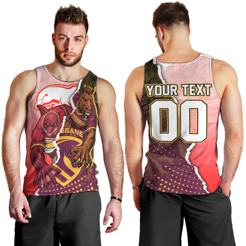 Personalized Brisbane Broncos vs Dolphins Men Tank Top Rivalry Dynamic Sports Rugby Mascot Graphic Art