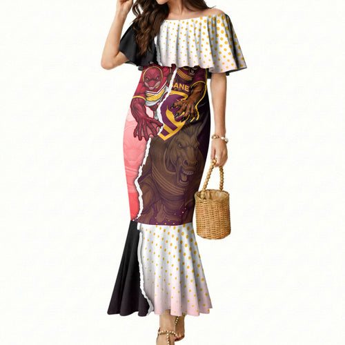 Personalized Brisbane Broncos vs Dolphins Mermaid Dress Rivalry Dynamic Sports Rugby Mascot Graphic Art