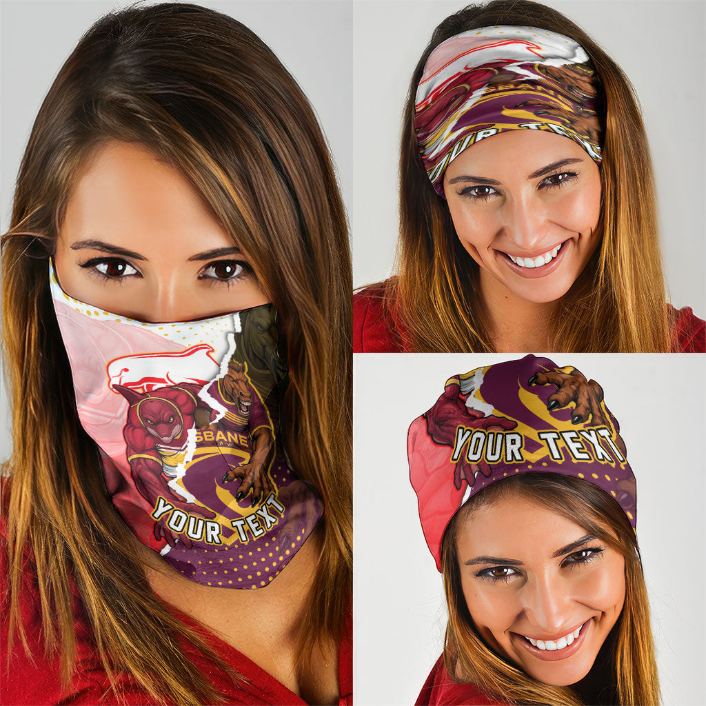 Personalized Brisbane Broncos vs Dolphins Neck Gaiter Rivalry Dynamic Sports Rugby Mascot Graphic Art