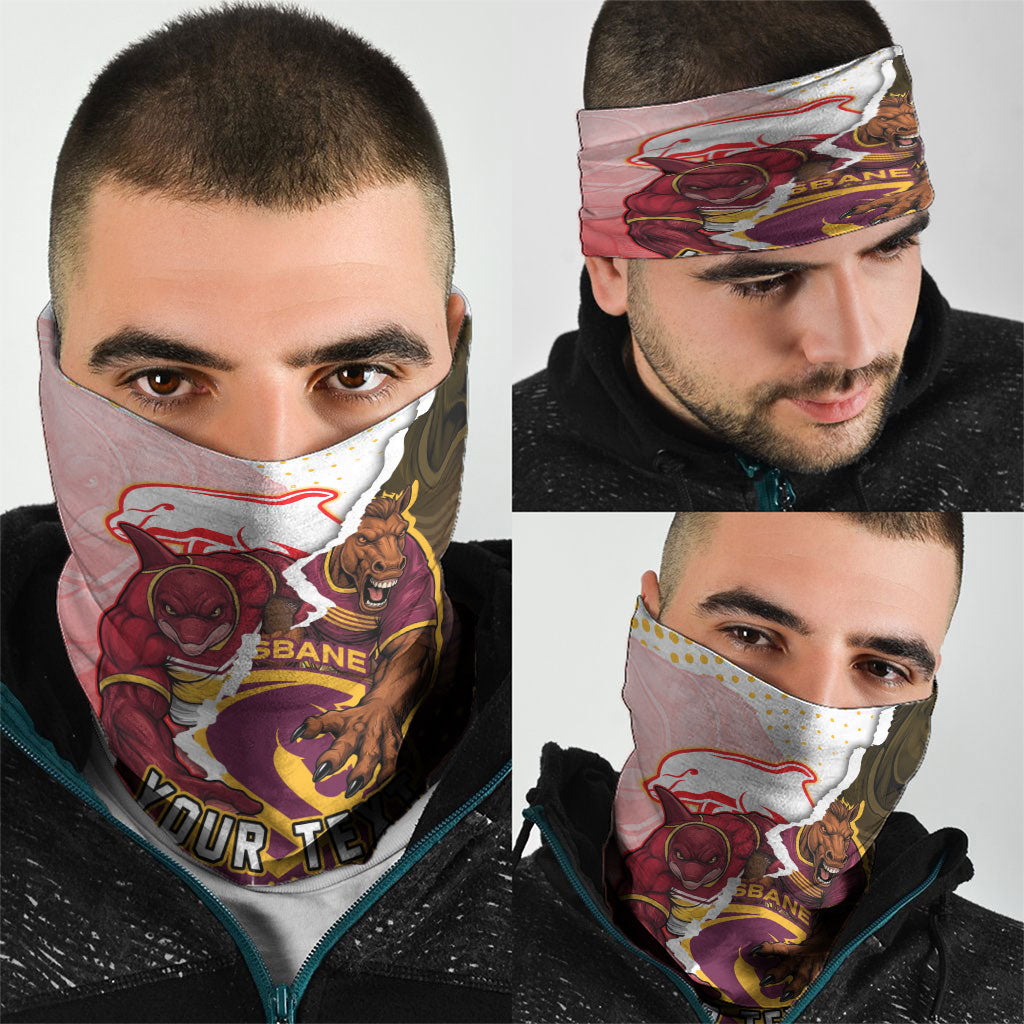 Personalized Brisbane Broncos vs Dolphins Neck Gaiter Rivalry Dynamic Sports Rugby Mascot Graphic Art
