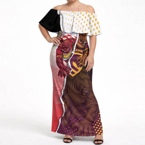 Personalized Brisbane Broncos vs Dolphins Off Shoulder Maxi Dress Rivalry Dynamic Sports Rugby Mascot Graphic Art