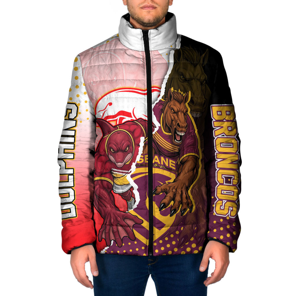 Personalized Brisbane Broncos vs Dolphins Padded Jacket Rivalry Dynamic Sports Rugby Mascot Graphic Art