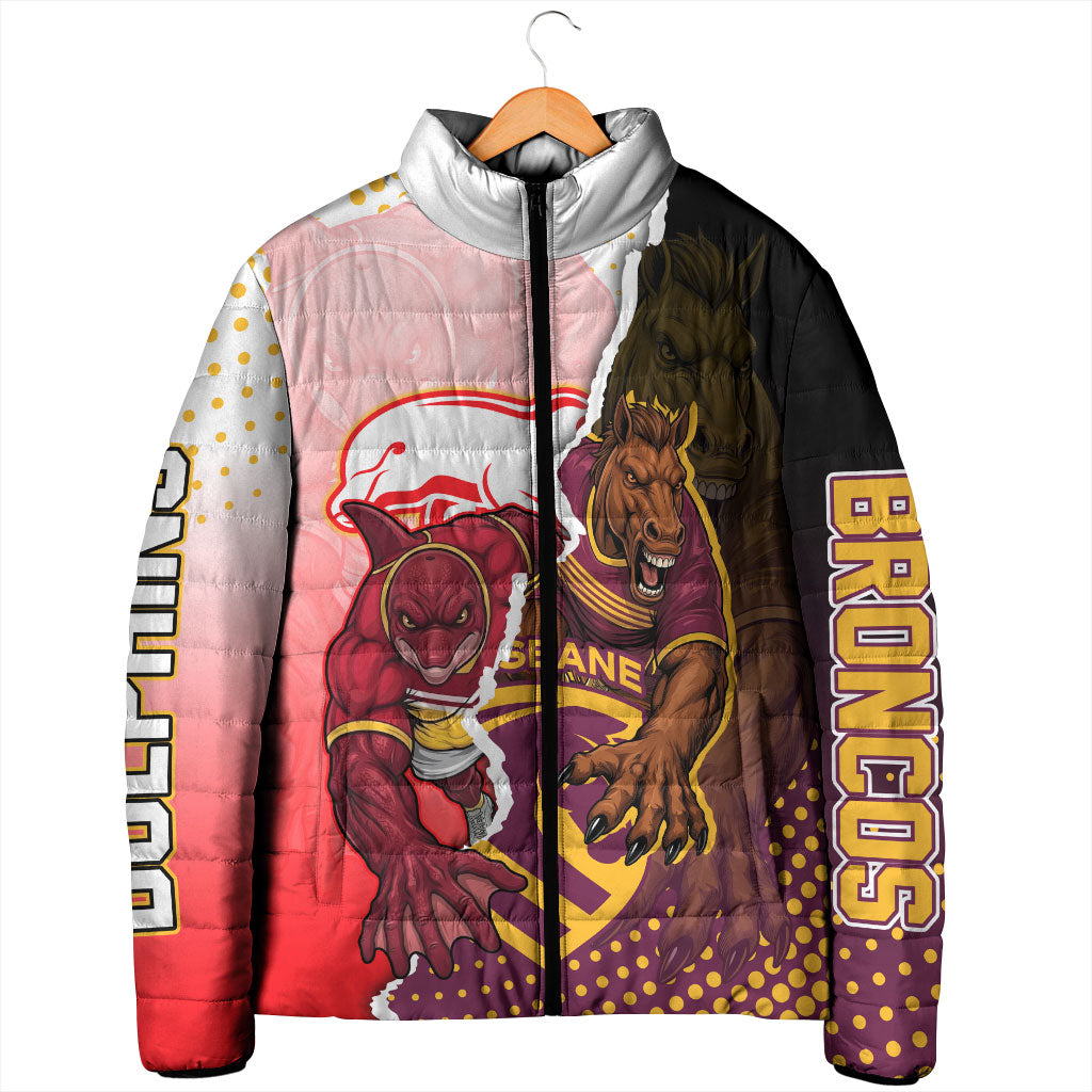Personalized Brisbane Broncos vs Dolphins Padded Jacket Rivalry Dynamic Sports Rugby Mascot Graphic Art