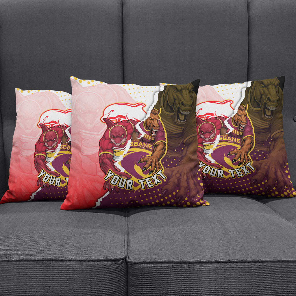 Personalized Brisbane Broncos vs Dolphins Pillow Cover Rivalry Dynamic Sports Rugby Mascot Graphic Art