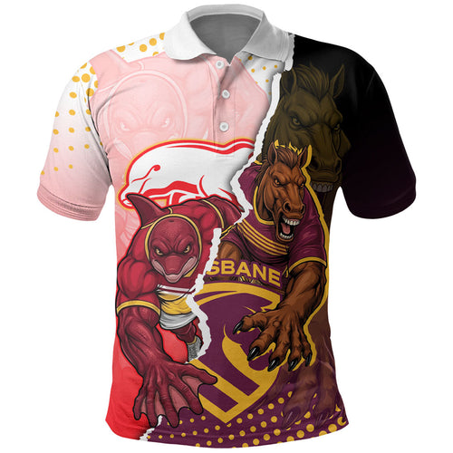 Personalized Brisbane Broncos vs Dolphins Polo Shirt Rivalry Dynamic Sports Rugby Mascot Graphic Art