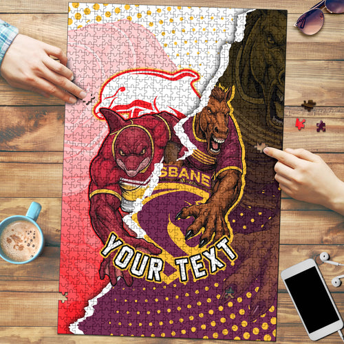 Personalized Brisbane Broncos vs Dolphins Puzzle Rivalry Dynamic Sports Rugby Mascot Graphic Art