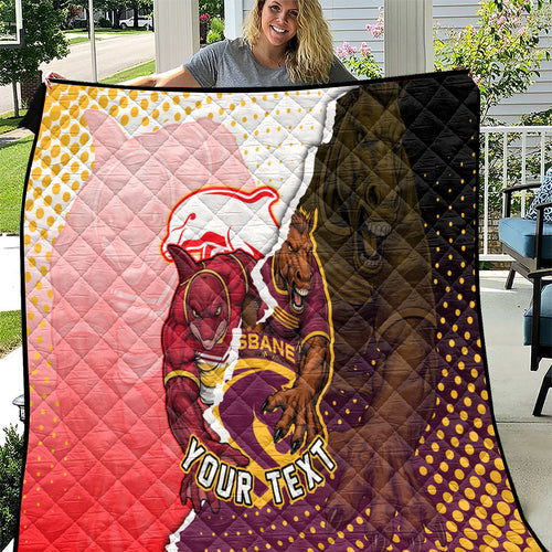 Personalized Brisbane Broncos vs Dolphins Quilt Rivalry Dynamic Sports Rugby Mascot Graphic Art