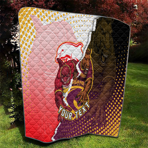 Personalized Brisbane Broncos vs Dolphins Quilt Rivalry Dynamic Sports Rugby Mascot Graphic Art