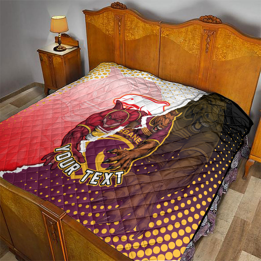 Personalized Brisbane Broncos vs Dolphins Quilt Rivalry Dynamic Sports Rugby Mascot Graphic Art