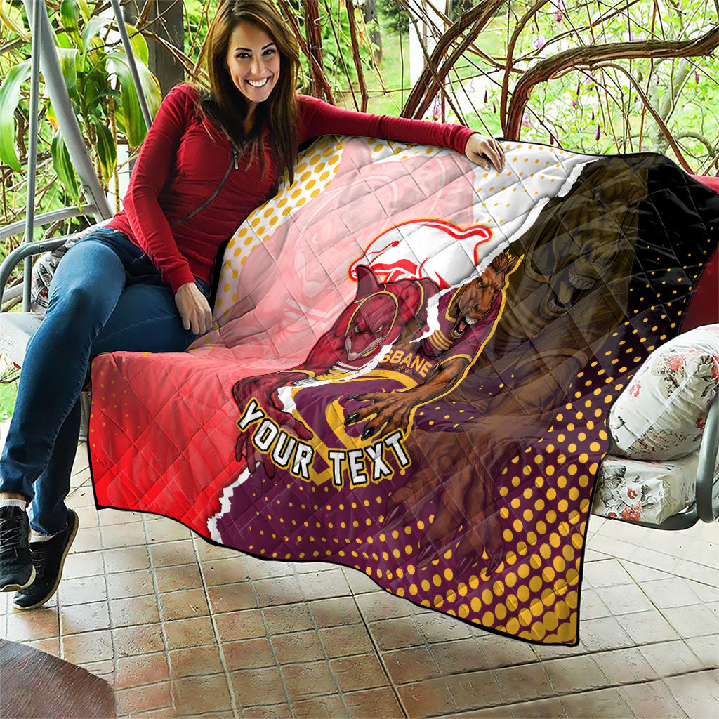 Personalized Brisbane Broncos vs Dolphins Quilt Rivalry Dynamic Sports Rugby Mascot Graphic Art